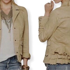 Free People Khaki Military Ruffle Lace Cuff Distressed Jacket Size Extra Small